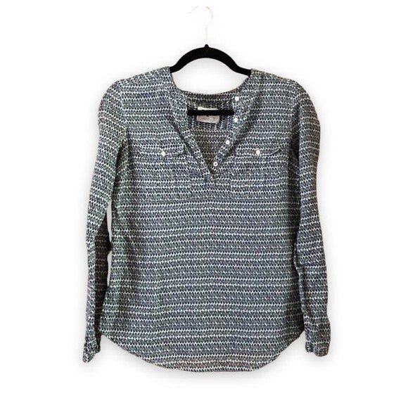 Anthropologie Holding Horses Navy Blue White Printed Popover Roll Tab Top Size 2 - Picture 1 of 7
